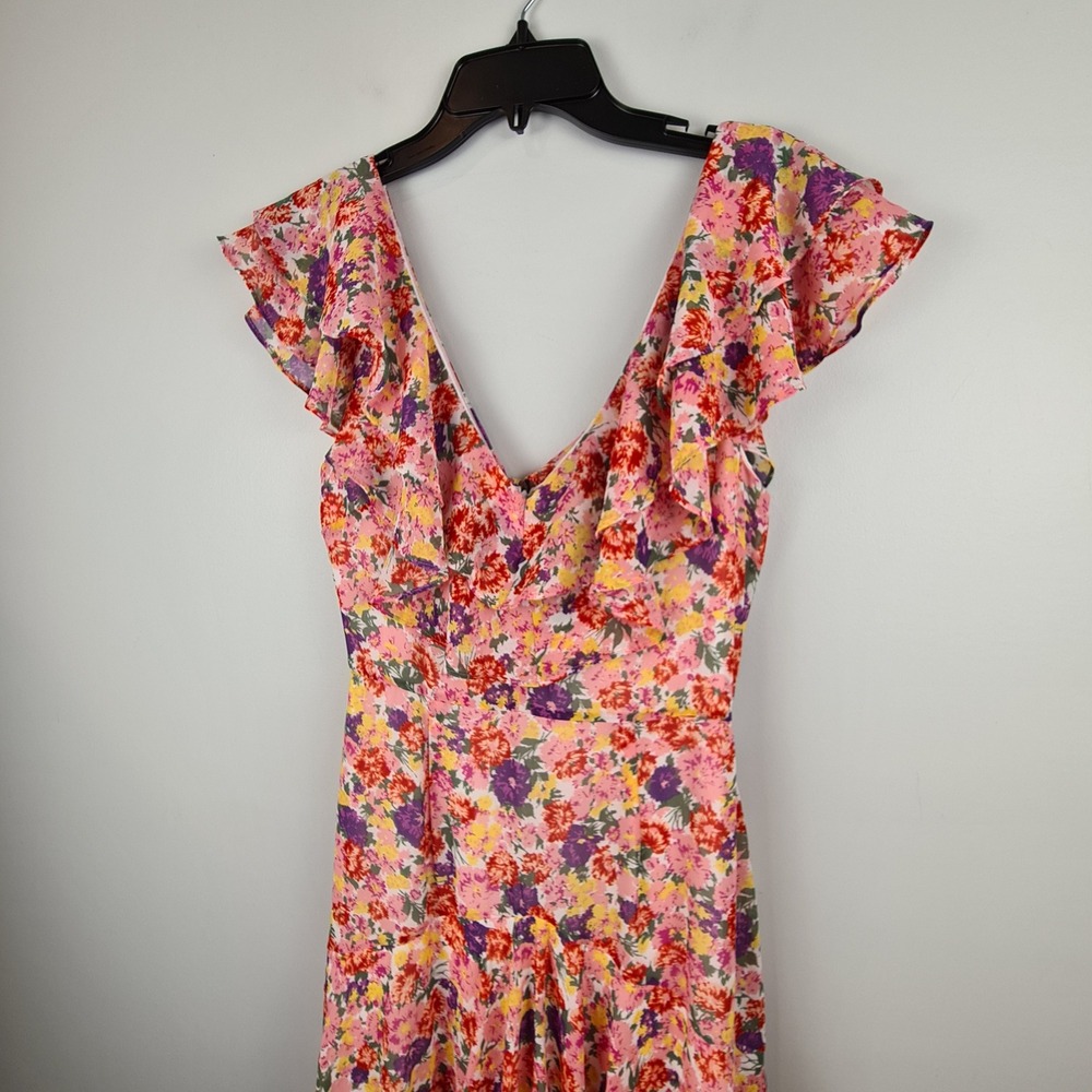 WAYF Chelsea Floral Tiered Ruffle Maxi Dress Pink Purple V-Neck High-Low Size S - Picture 5 of 12